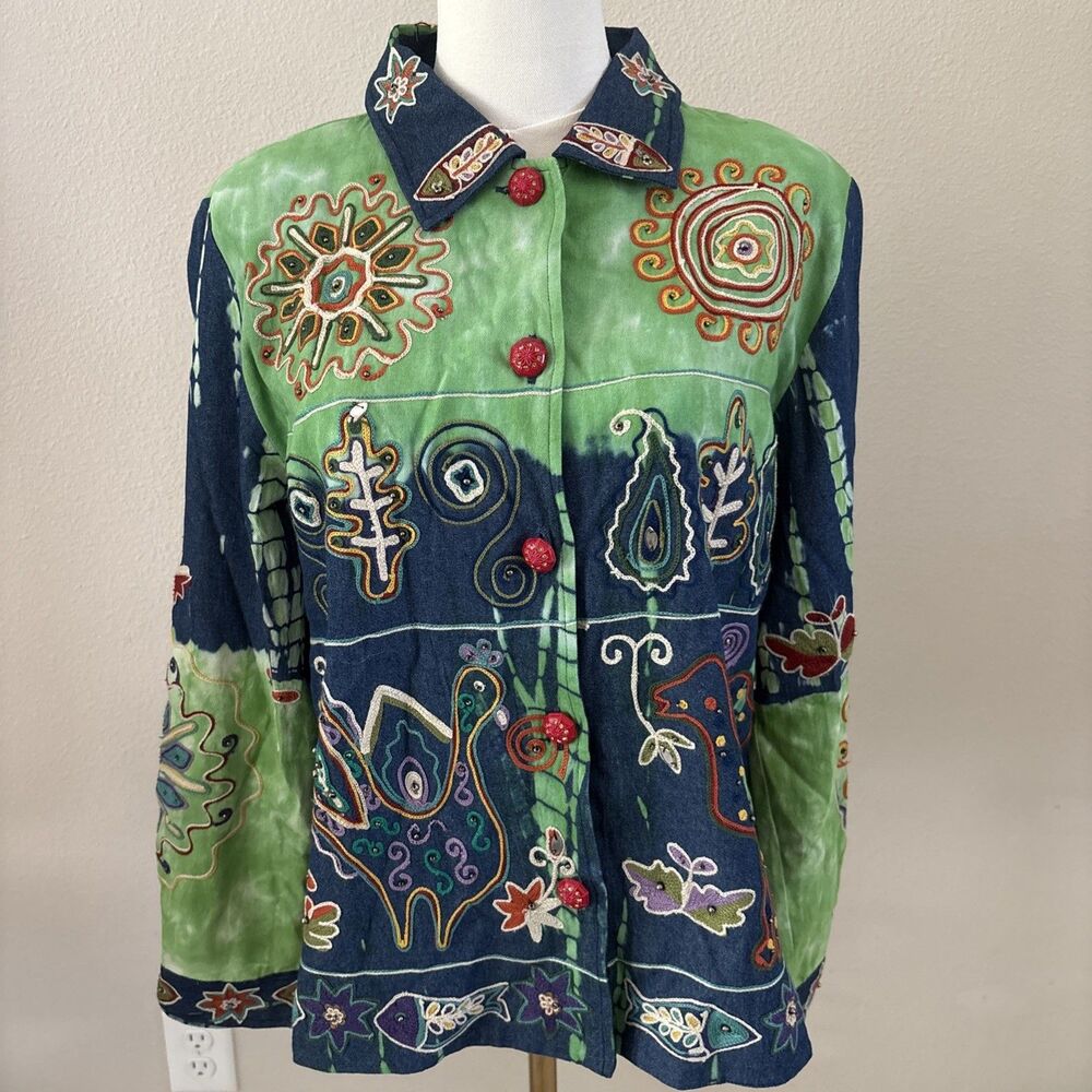 Indigo Moon Embroidered Beaded Green Blue Cotton Women’s Jacket Size Medium